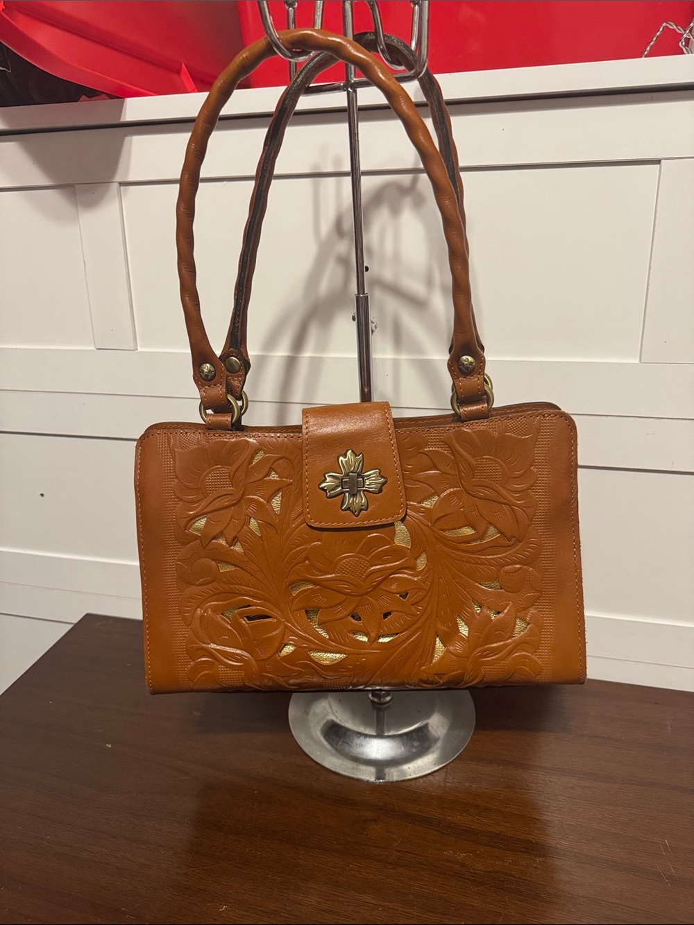 PATRICIA NASH LEATHER ROSINA CUTOUT TOOLING EMBOSSED TOOLED SATCHEL
